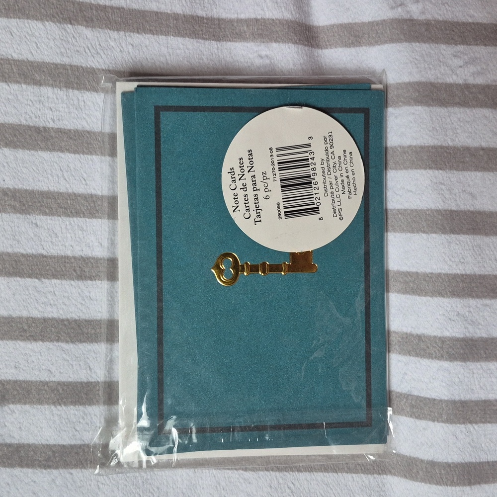 Punch Studio Set Of 6 Teal Notecards/Envelopes with Gold Key, New With Tags